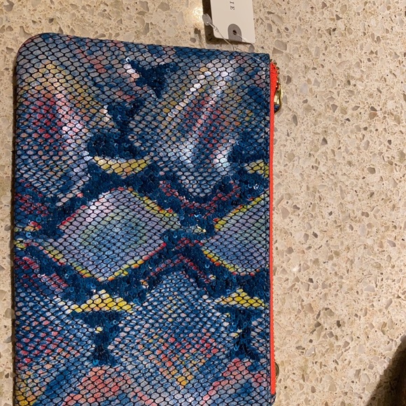Sale! Anthropologie Sequined Snake-Printed Clutch, Blue, yellow, peach combo - Picture 3 of 8